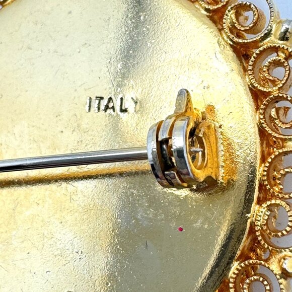 Vtg Italian Gold-Tone Micro Mosaic Floral Brooch Intricate Tesserae Filigree - Picture 6 of 7